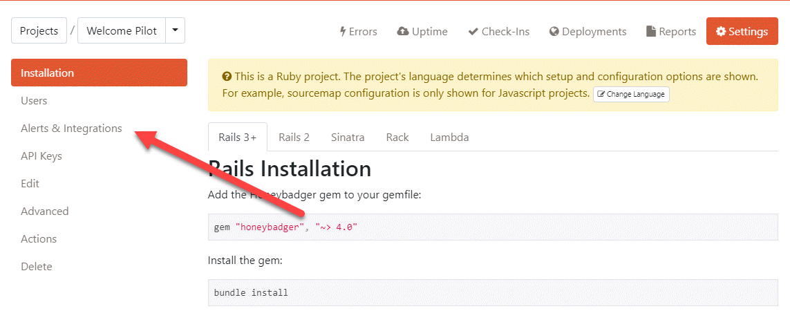 Honeybadger settings page alert and integrations